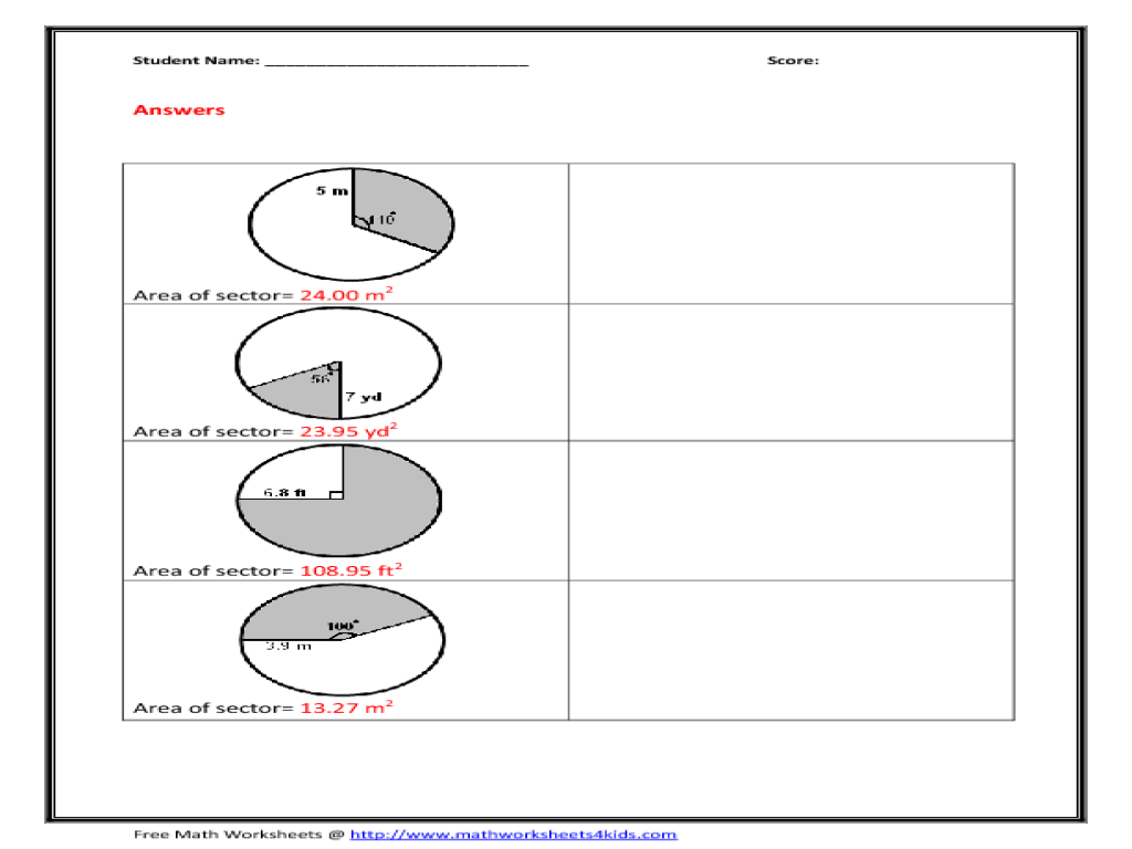 Arc length and area of a sector worksheet