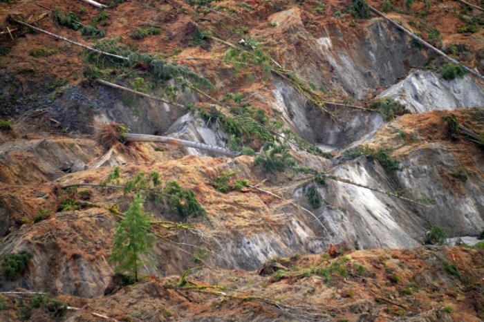 A mudslide flowing down a steep hill