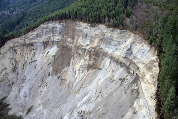 A mudslide flowing down a steep hill